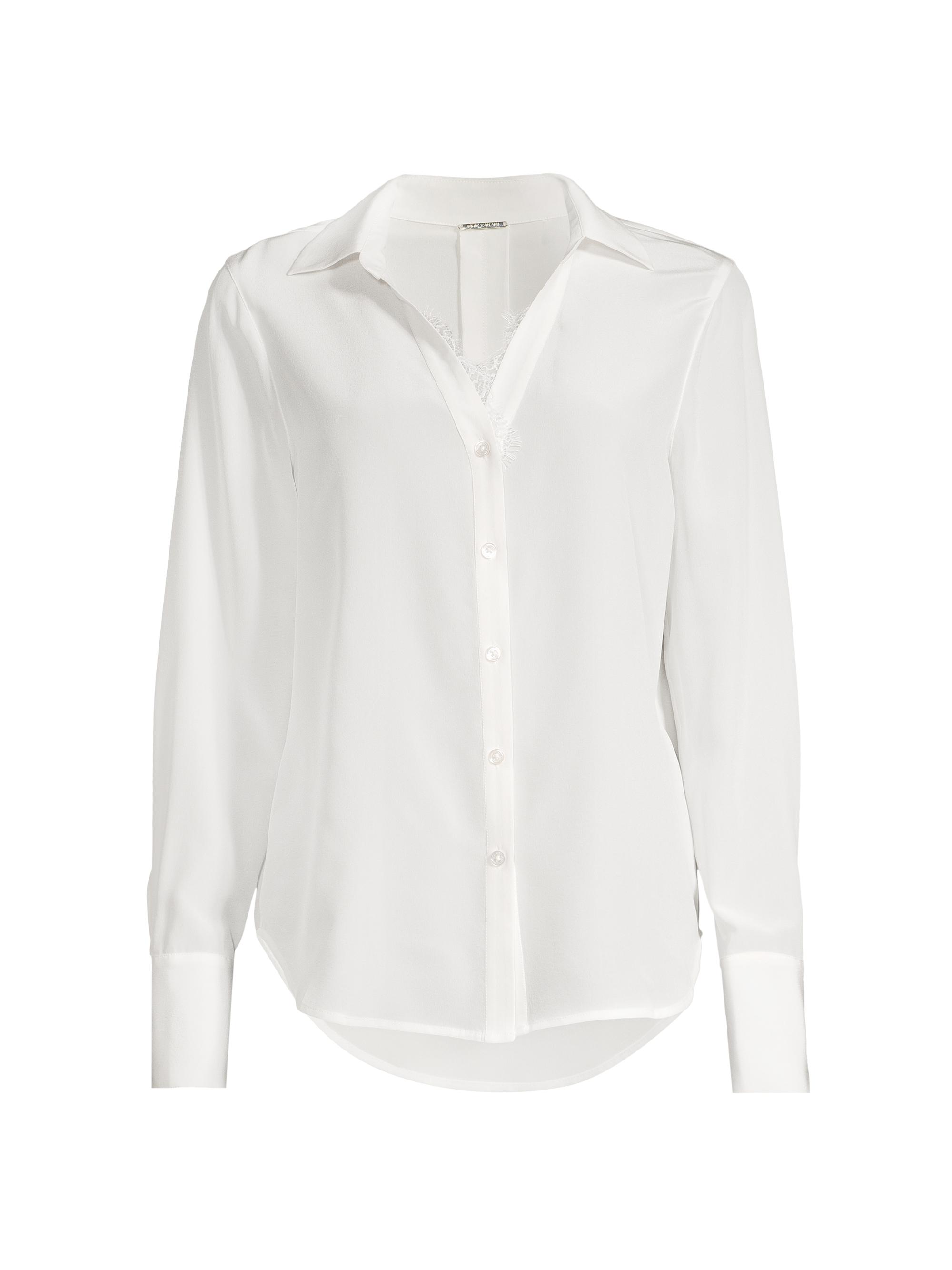 Elie Tahari Women's Lace-Trim Silk Button-Up Shirt - Sky White With White Lace