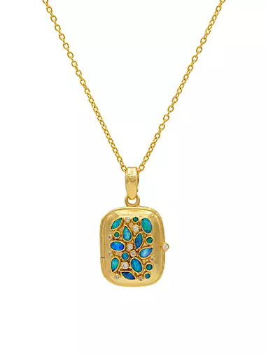 22K Yellow Gold, Australian Opal, & 0.15 TCW Diamond Large Locket Necklace