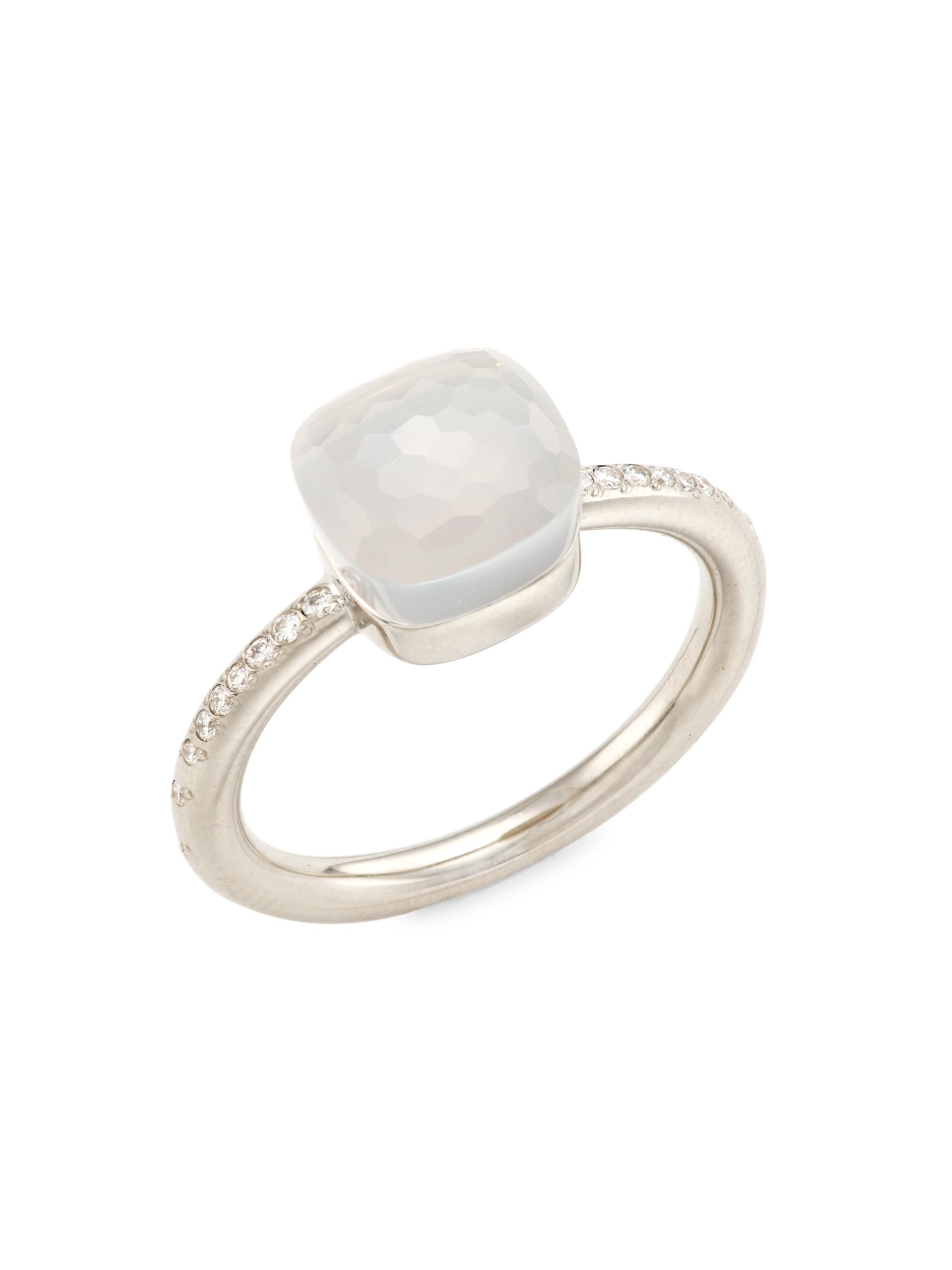 Pomellato Women's Ring Nudo Petit 18K White Gold, Milky Quartz & Diamond Ring