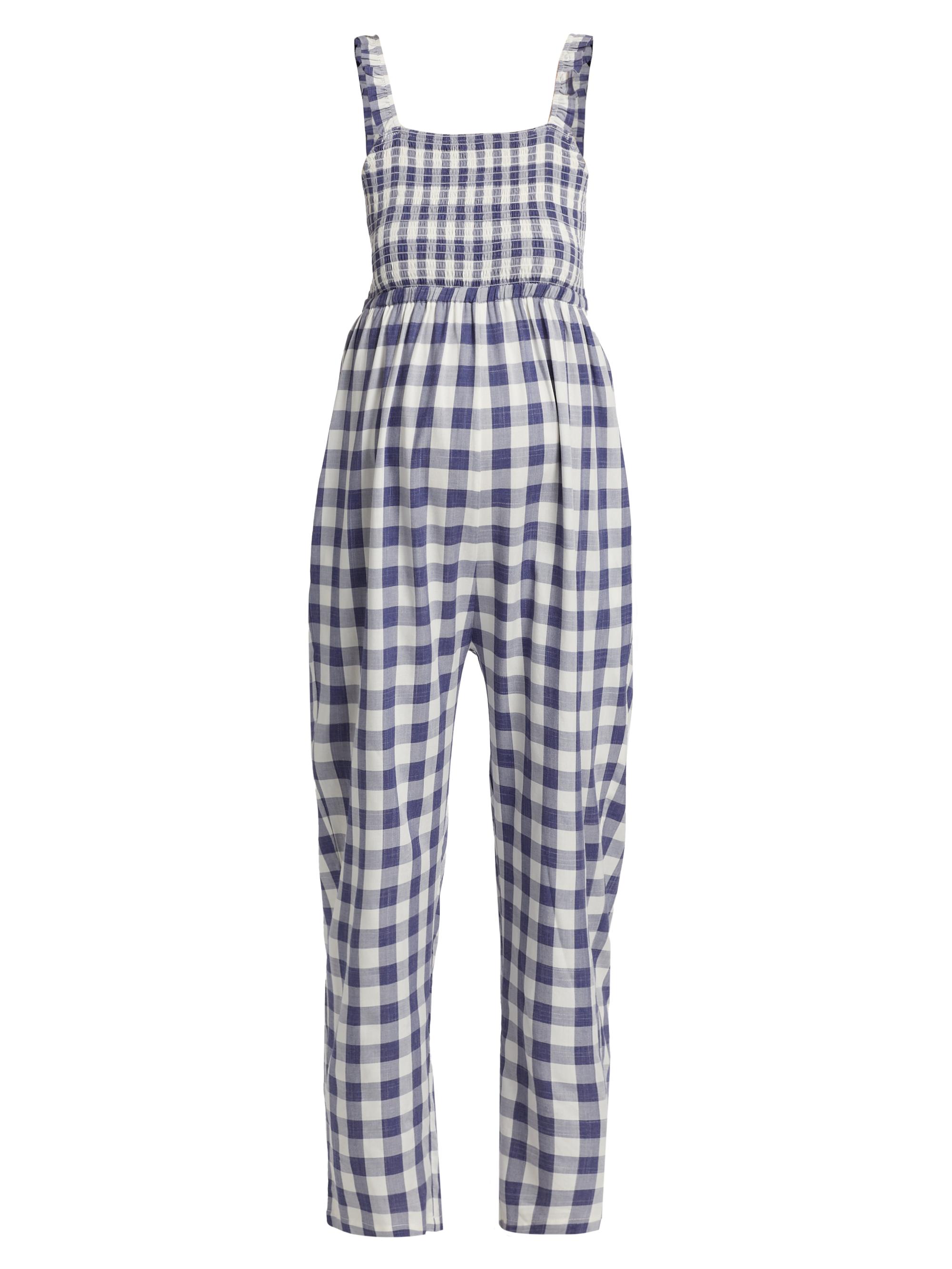 Nom Maternity Women's Marais Gingham Smocked Maternity Jumpsuit - Navy White Plaid