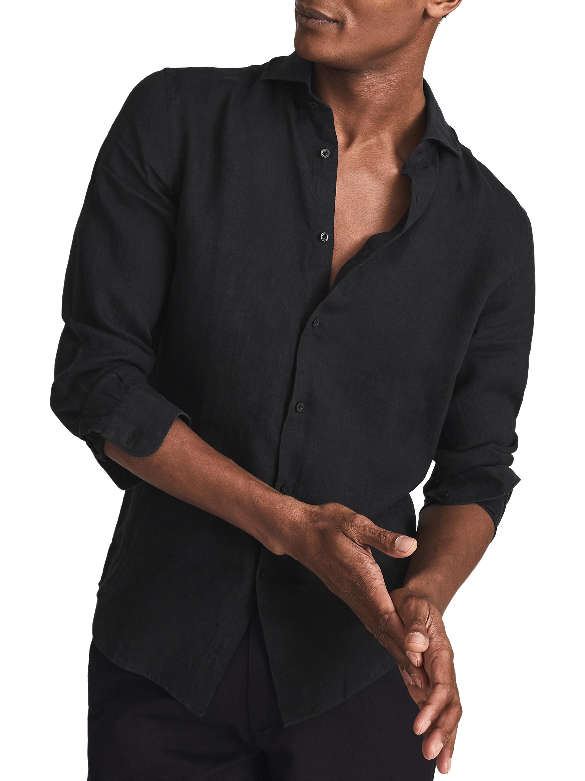 Reiss Men's Ruban Linen Shirt - Black