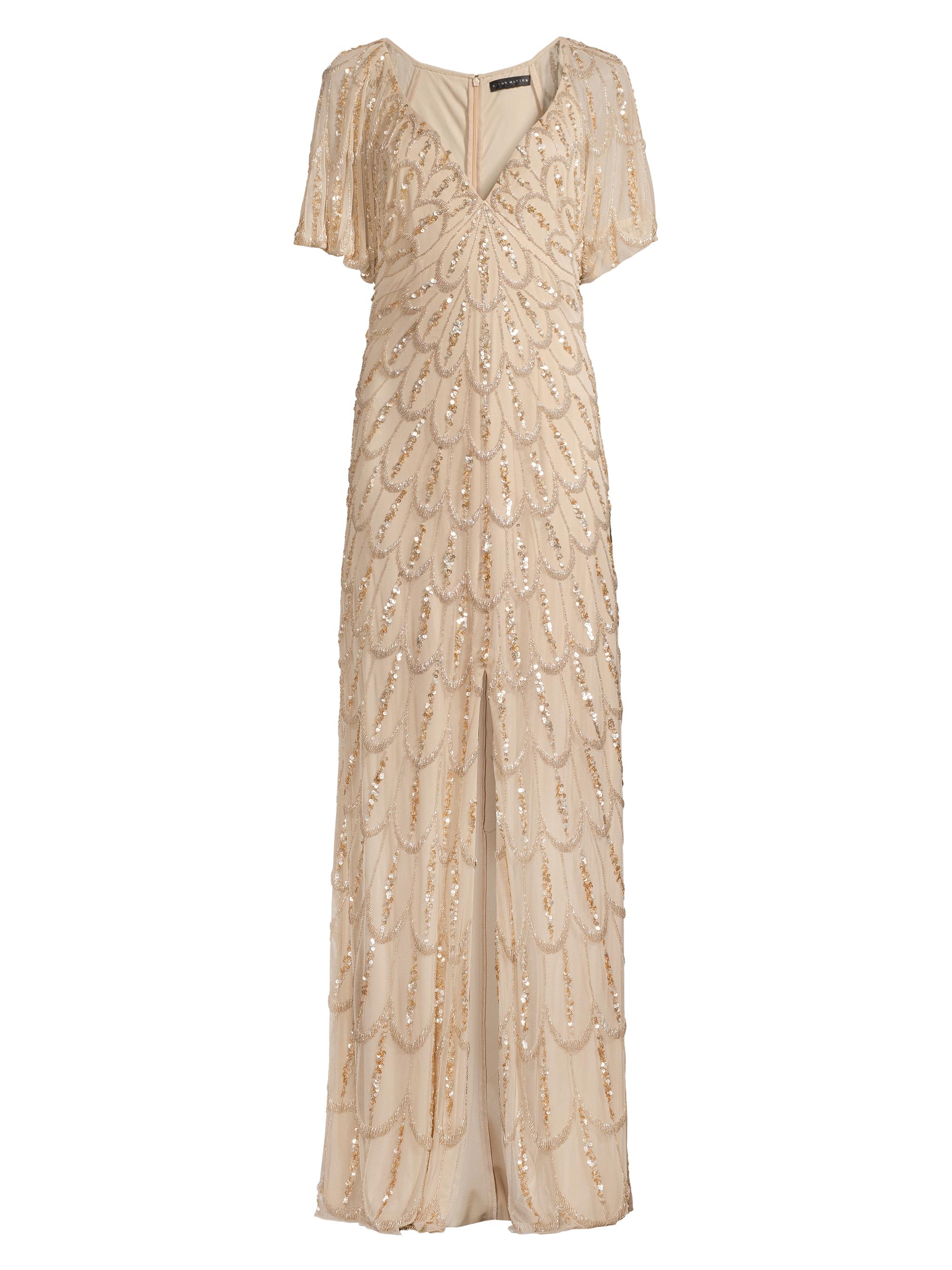green emerald velvet dress Aidan Mattox Light Gold Beaded Sequin Crew Neck Short Sleeve Dress main image 1