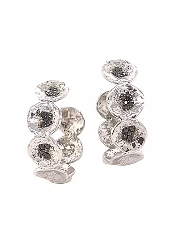 Serenity Multi-Flower Sterling Silver & Black Diamond Hoop Earrings