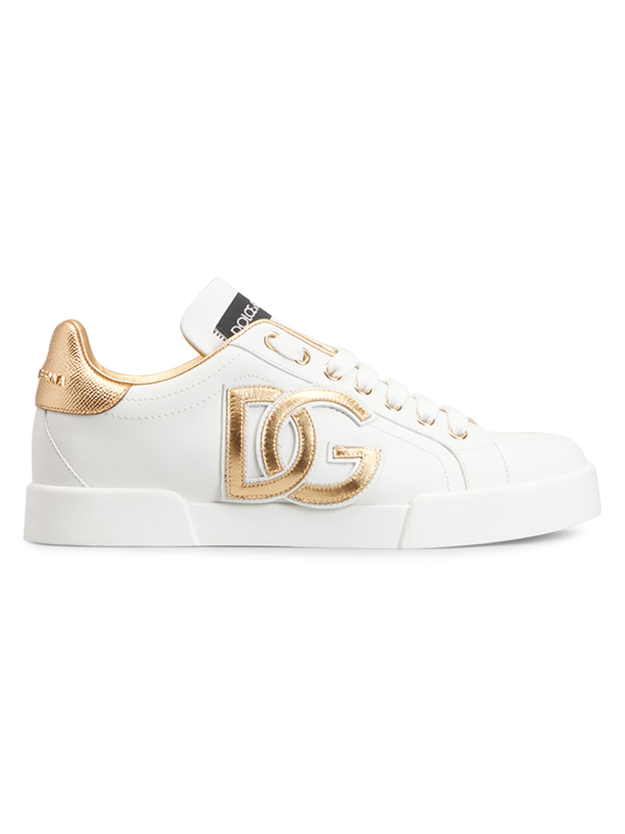 Dolce & Gabbana Women's Portofino Logo Metallic Leather Low-Top Sneakers - Bianco
