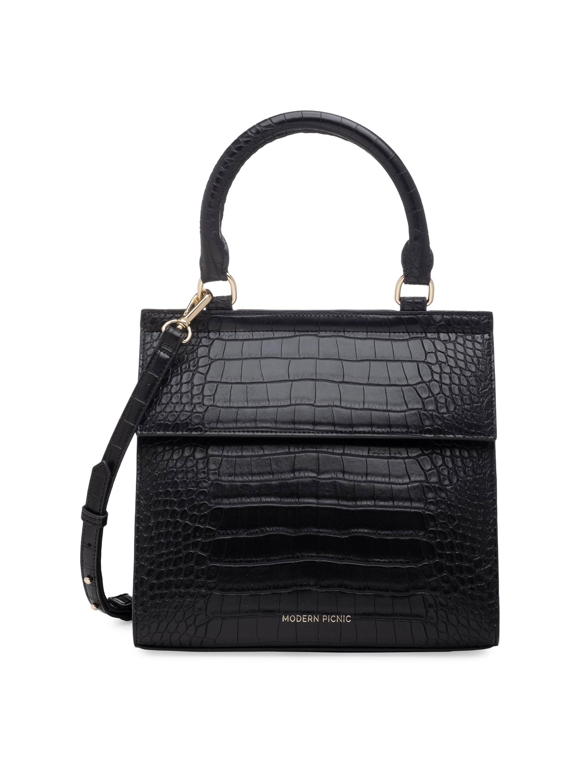Modern Picnic Women's The Crocodile-Embossed Vegan Leather Top Handle Bag - Black Croc