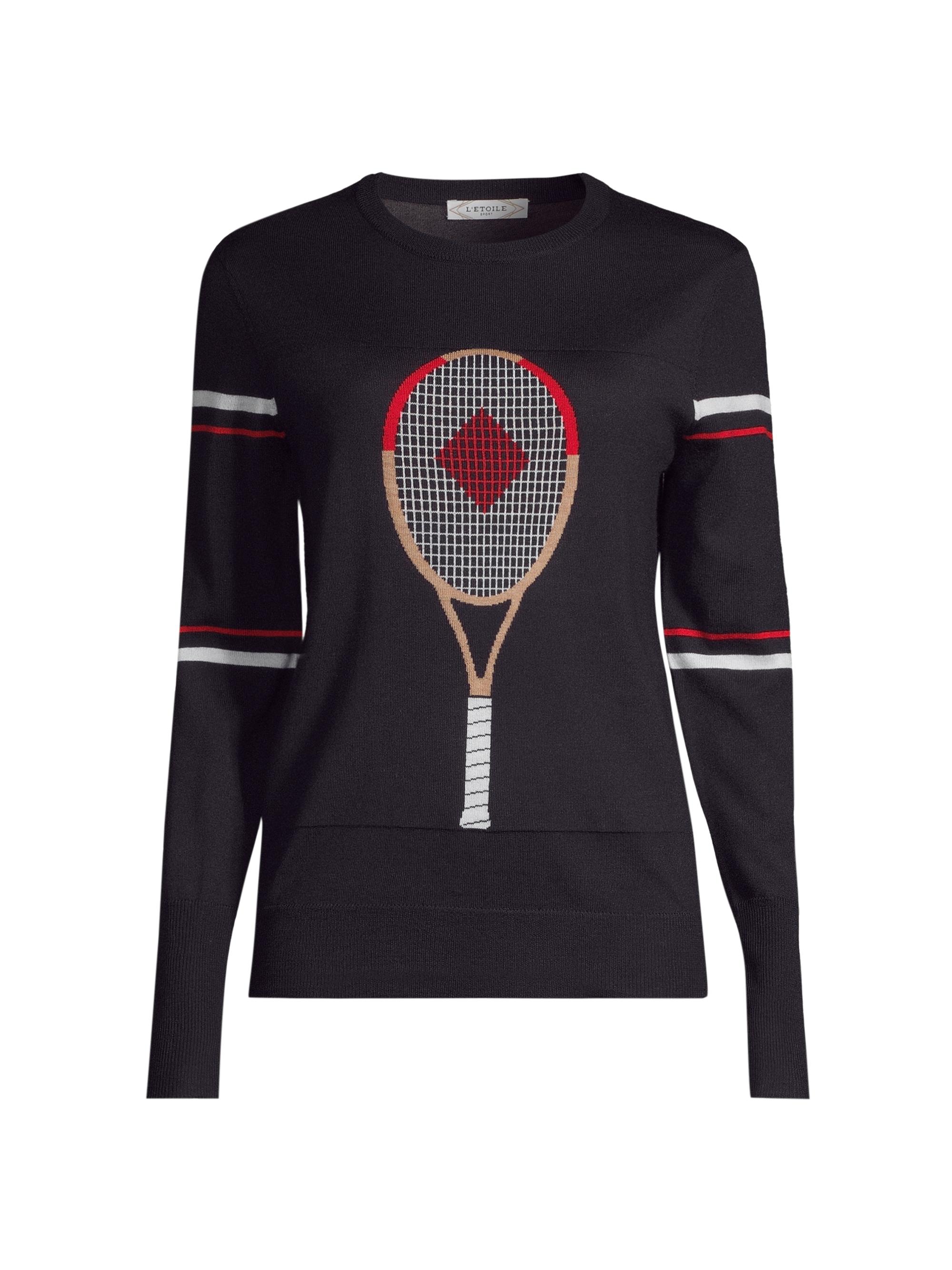 L'Etoile Sport Women's Racquet Wool Intarsia Knit Sweater - Yellow With Navy Stripes