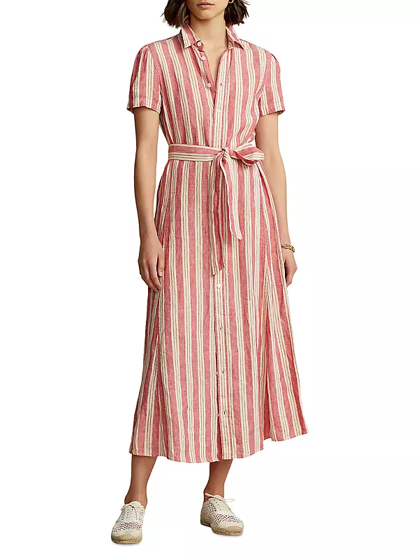 Linen Wrap Dress in Beige/belted Linen Short Sleeve 