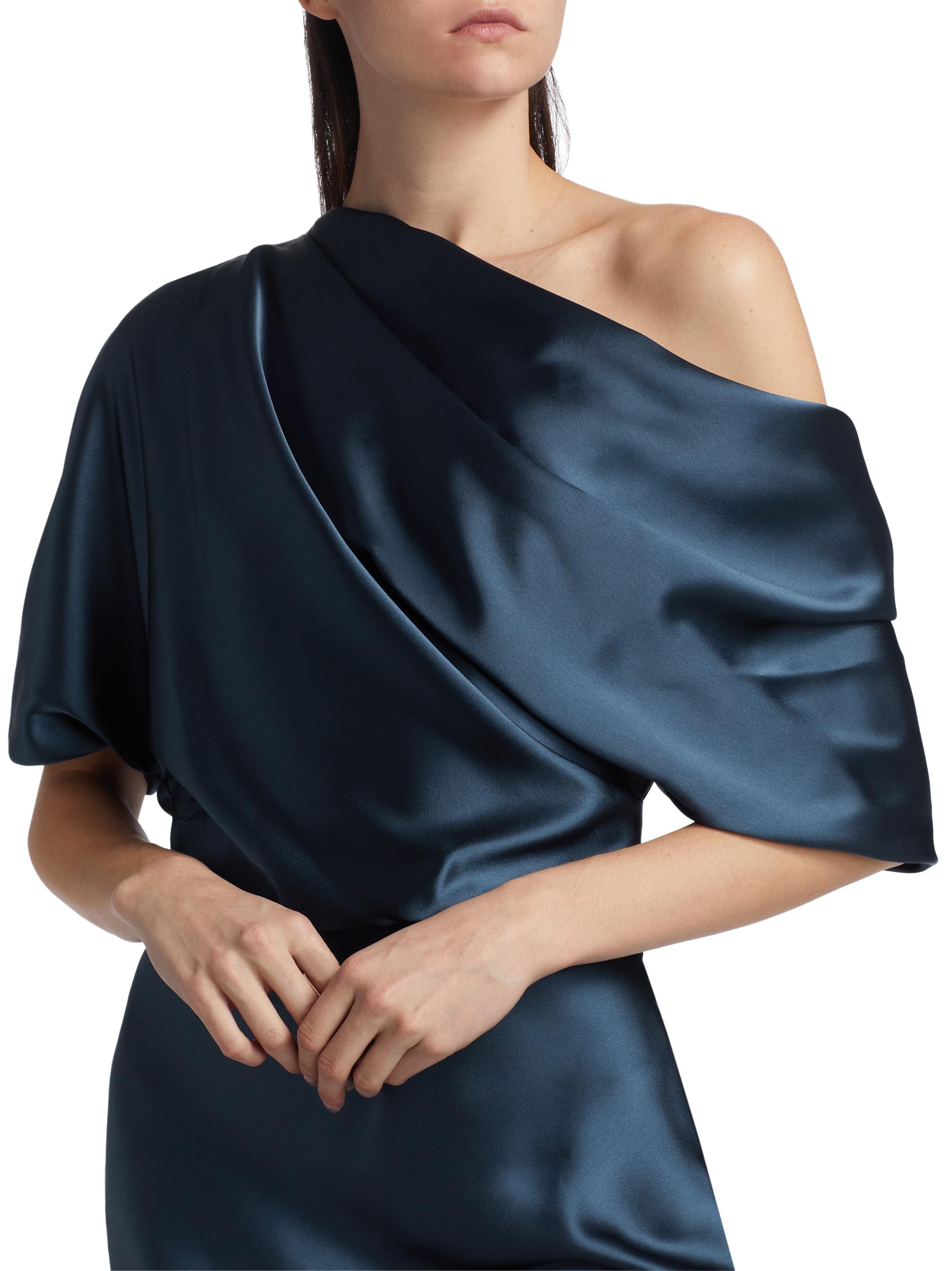 strapless open back dress One Shoulder Draped A-line Midi Dress – shopaleena main image 1