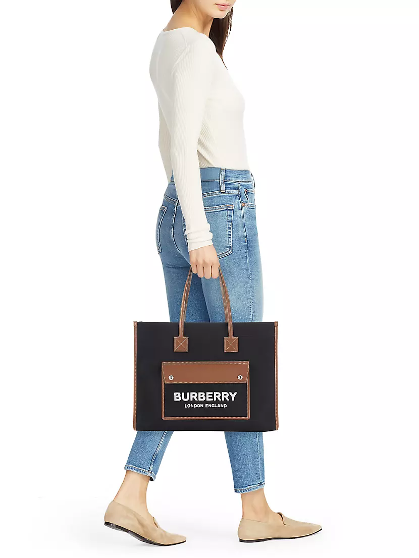  BURBERRY Freya Small Two-tone Canvas And Leather Tote In  Natural/Tan : Clothing, Shoes & Jewelry
