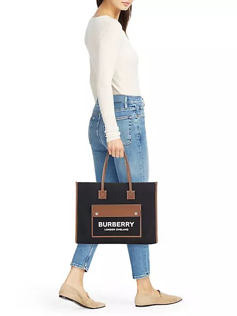 BURBERRY Small leather-trimmed printed canvas tote