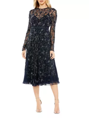 Shop Mac Duggal Long-Sleeve Embellished Floral Midi-Dress | Saks Fifth  Avenue