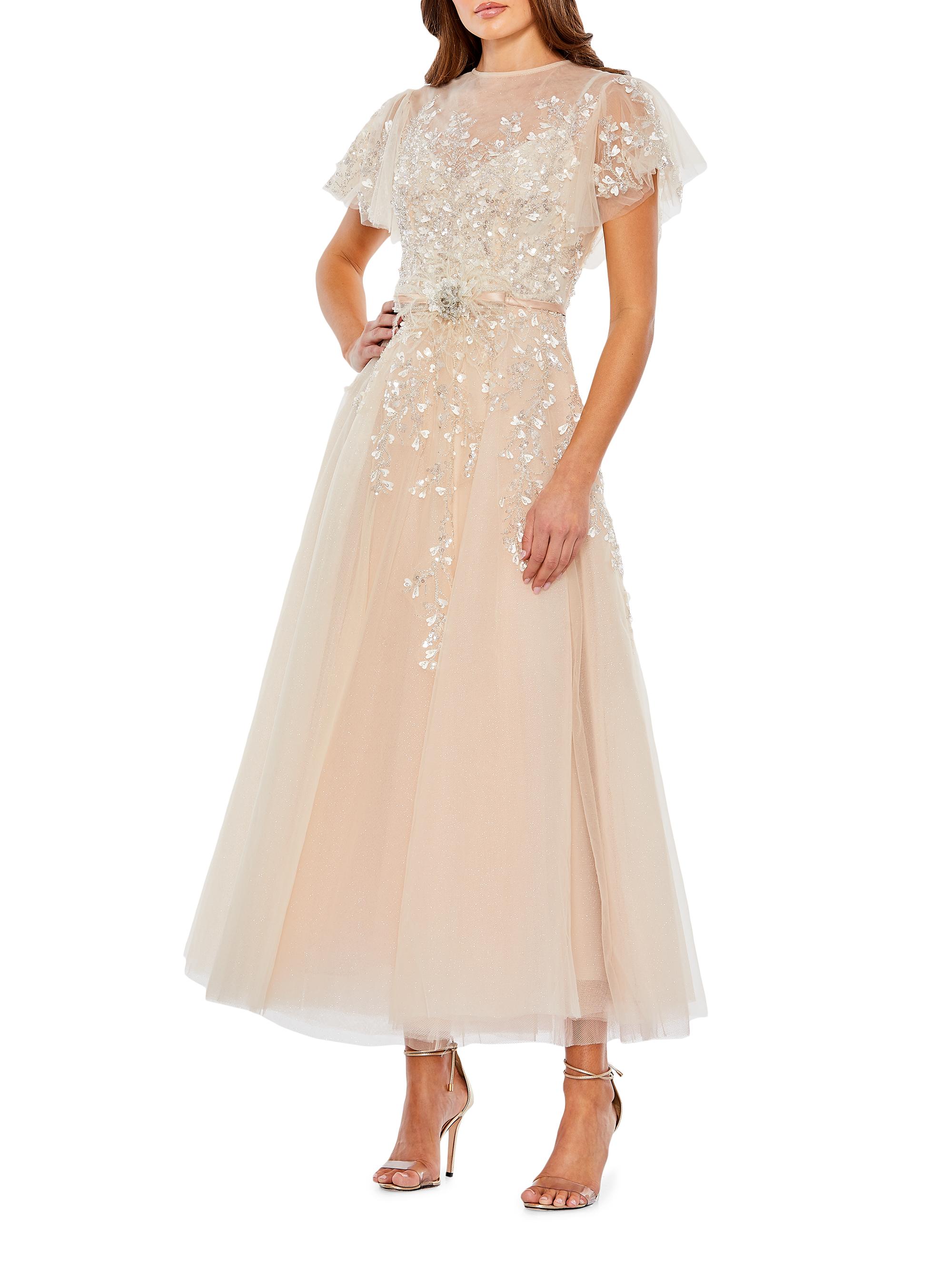 green emerald velvet dress Mac Duggal Women's Floral Embellished Flutter Sleeve Midi Dress main image 1