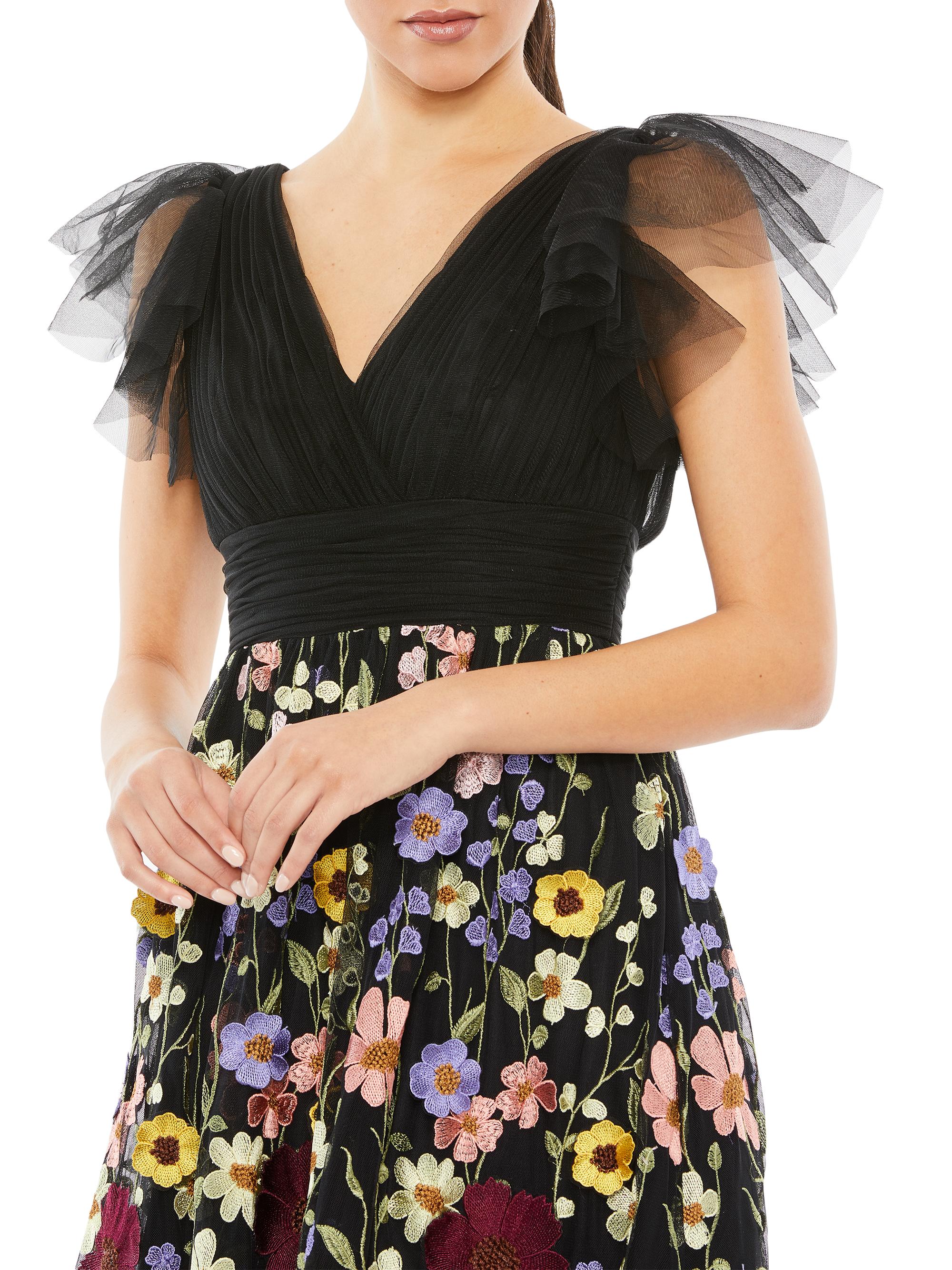 Mac Duggal Embroidered Floral Tulle Midi-Dress