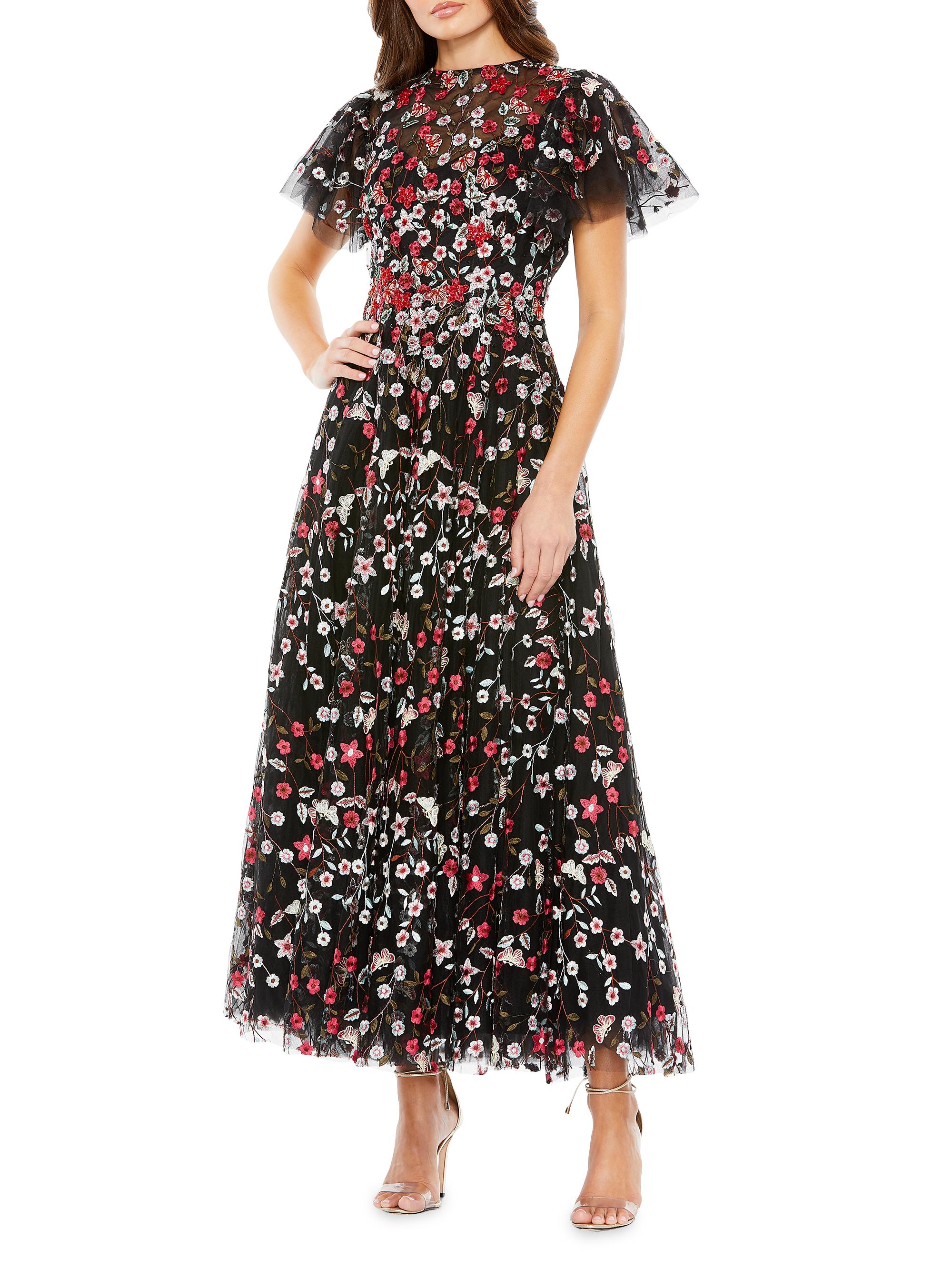 Mac Duggal Women's Floral Embroidered Flutter-Sleeve Midi-Dress - Black Multi