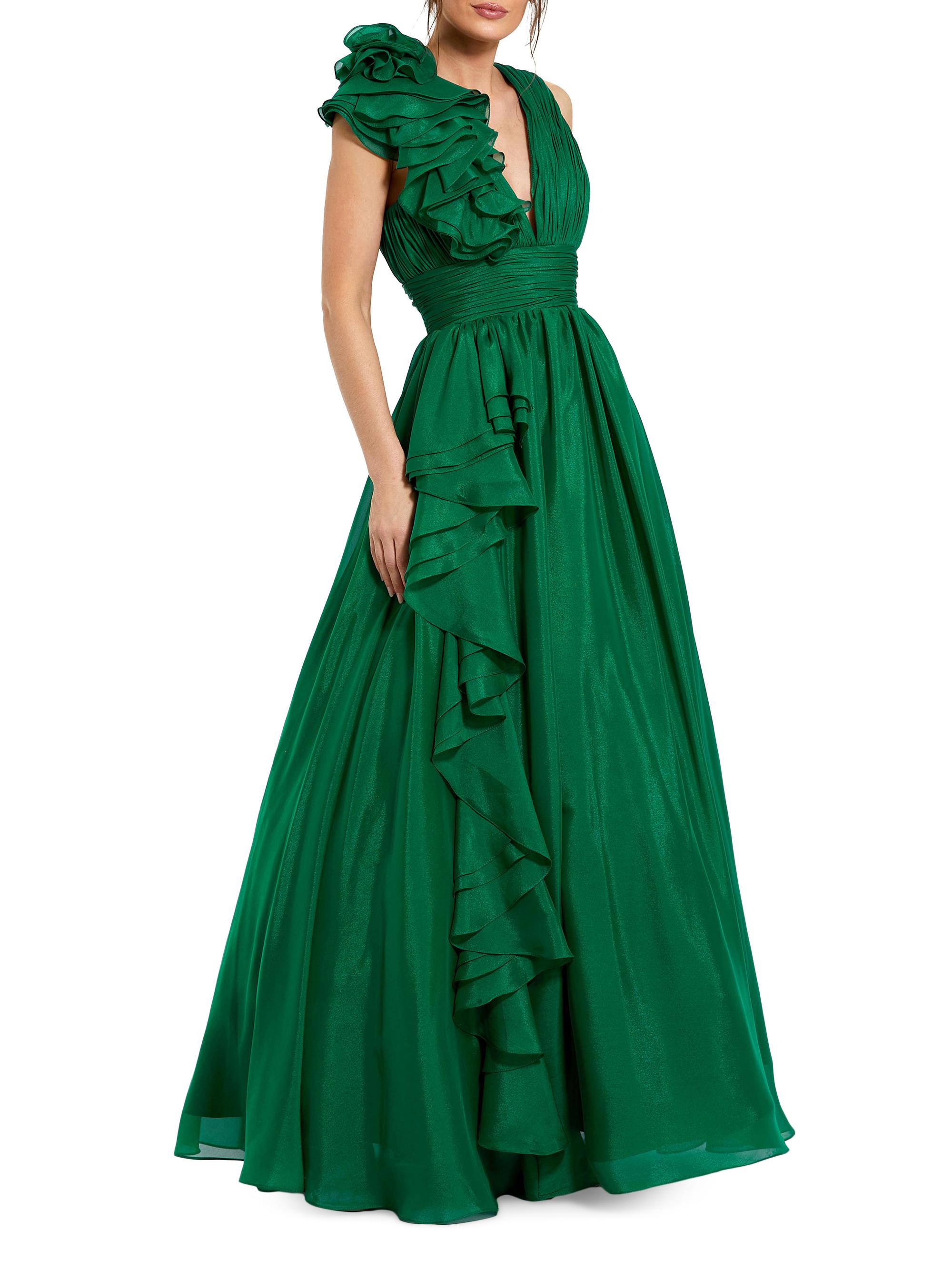 Mac Duggal Women's Ruffle Shoulder V-Neck Gown - Emerald