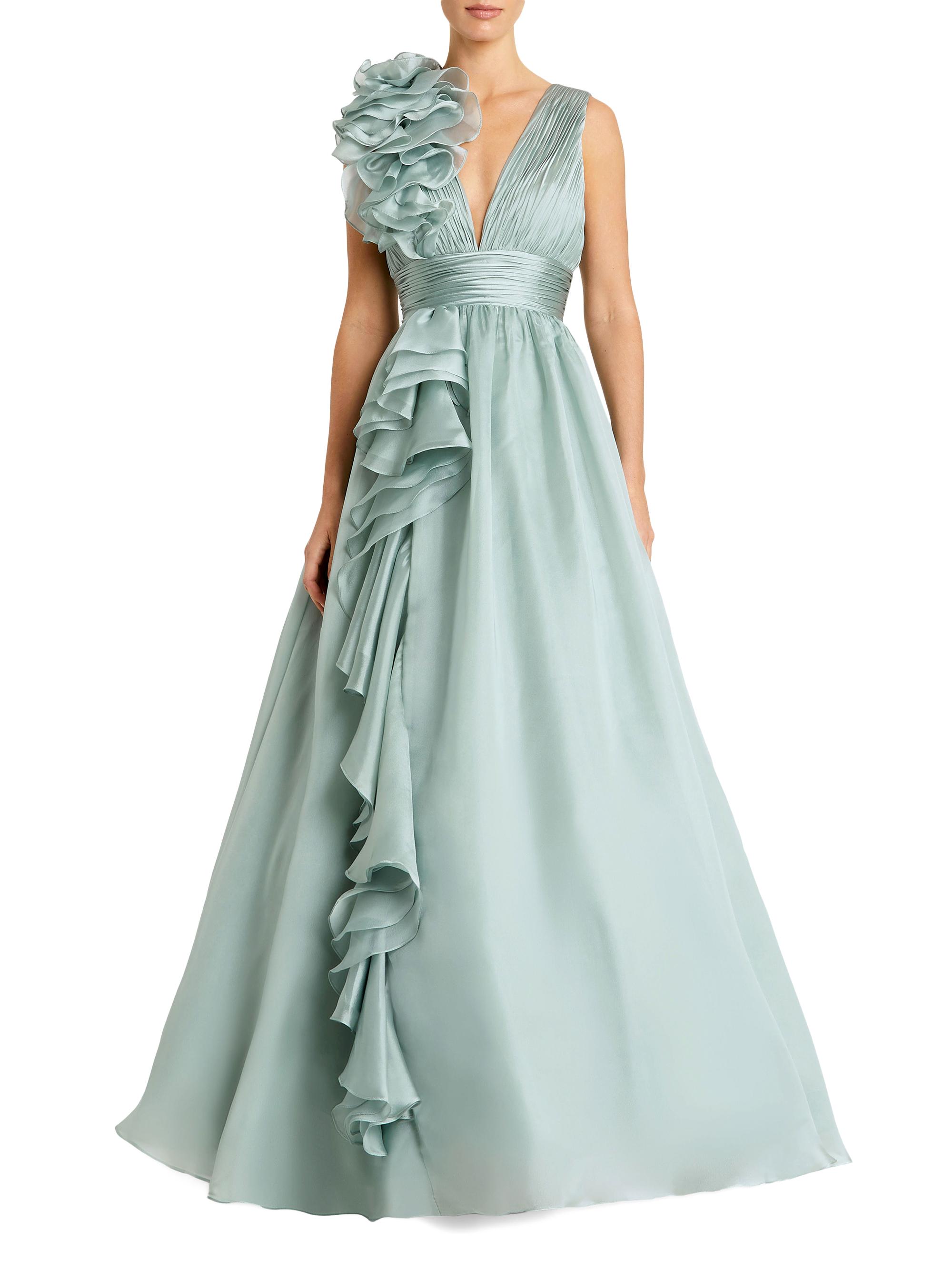 Mac Duggal Women's Ruffle Shoulder V-Neck Gown - Mint