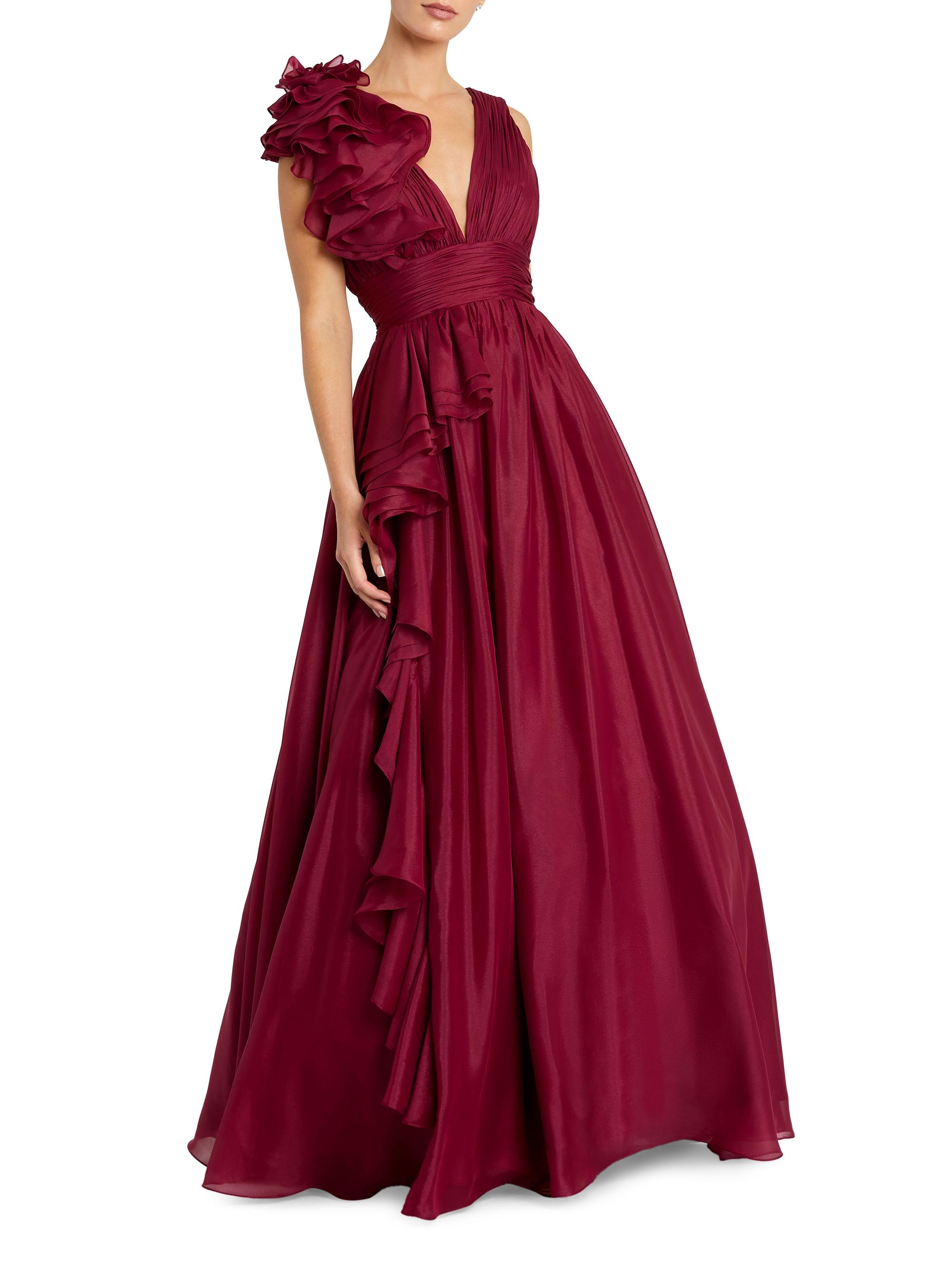 Ruffle Shoulder V-Neck Gown