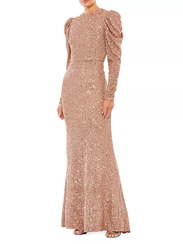 Sequined Puff-Sleeve Sheath Gown