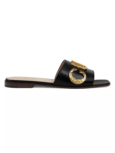 Gucci Women's Cara Logo Leather Flat Slides - Nero - Size 5 Sandals