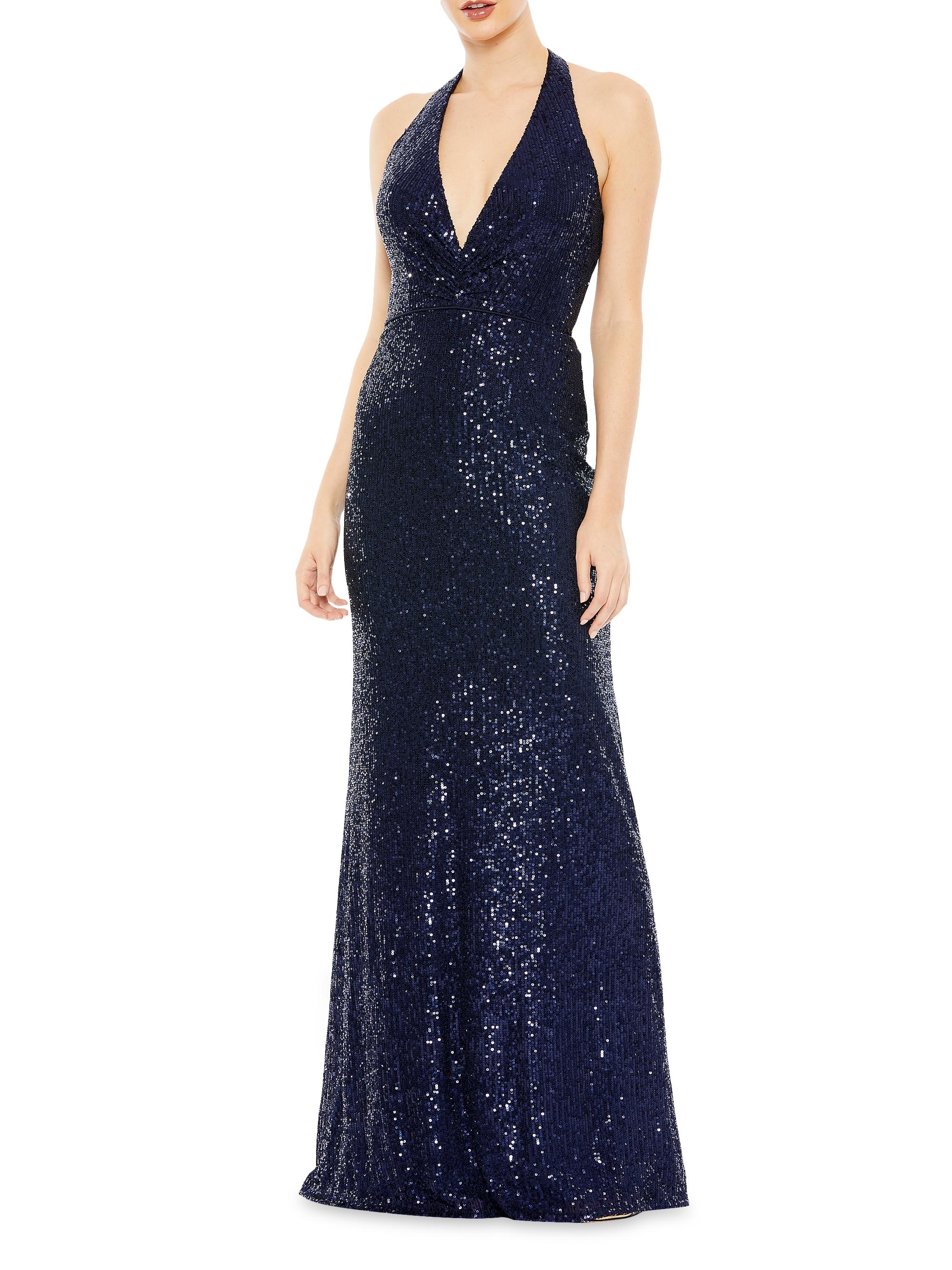 Mac Duggal Women's Metallic Halter Gown - Navy