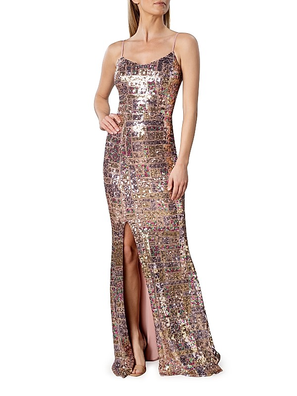 dress the population giovanna gown Floral-Sequined - Champagne Multi adjustable straps Dress The Population Giovanna V-Neck
