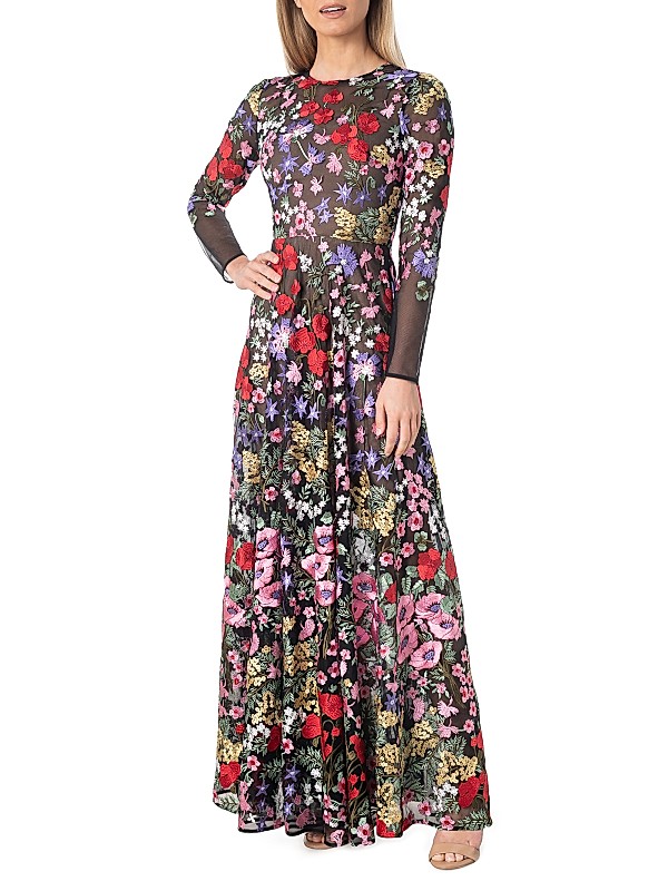 dress the population gowns Verity Gown L / Sky Multi Gowns Ruffle trim highlights the asymmetric neckline and pleated chiffon composition of this event Dress the Population Ava Embroidered