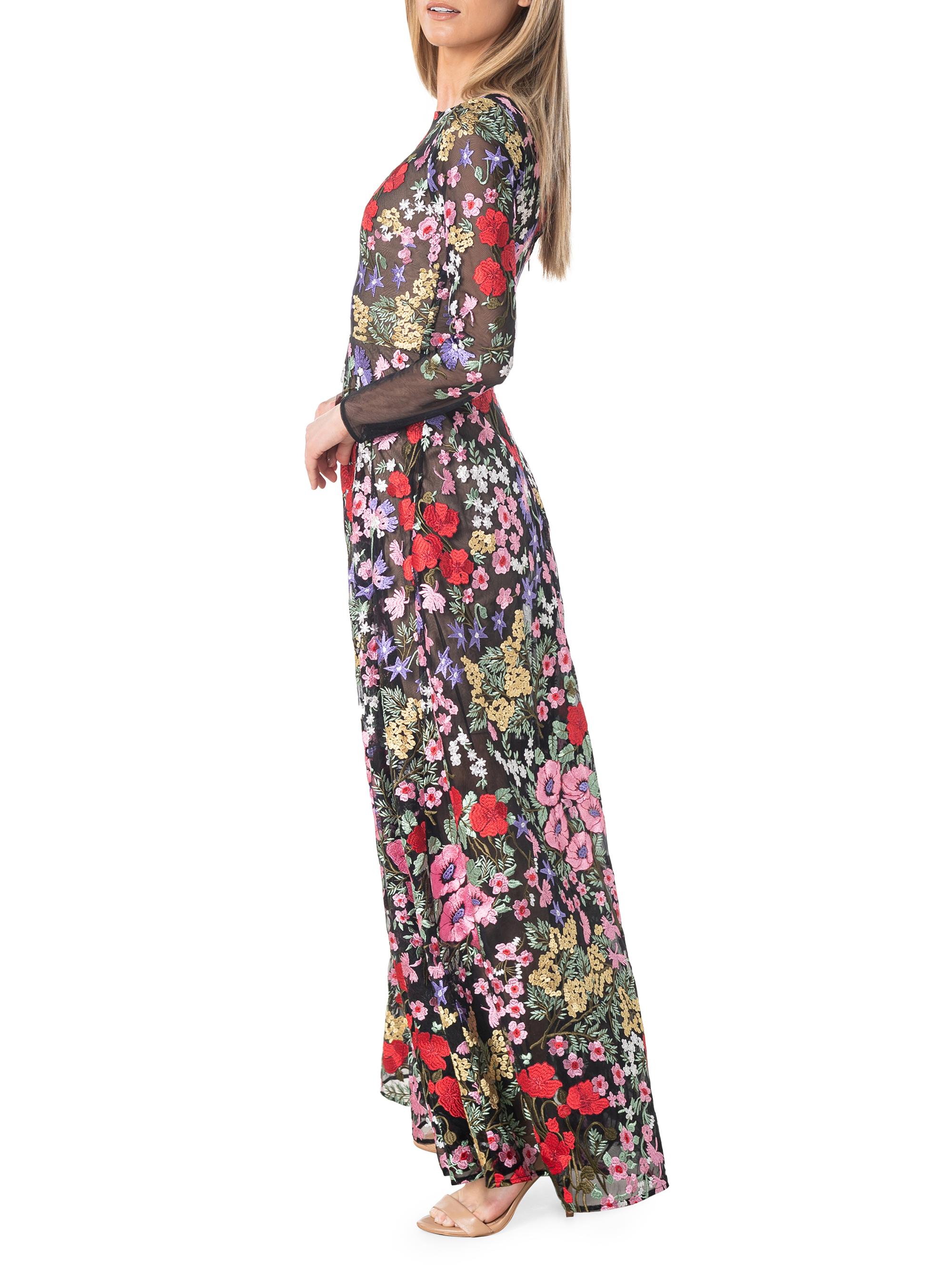 Dress The Population Ava Embroidered Floral Gown - Rouge Multi