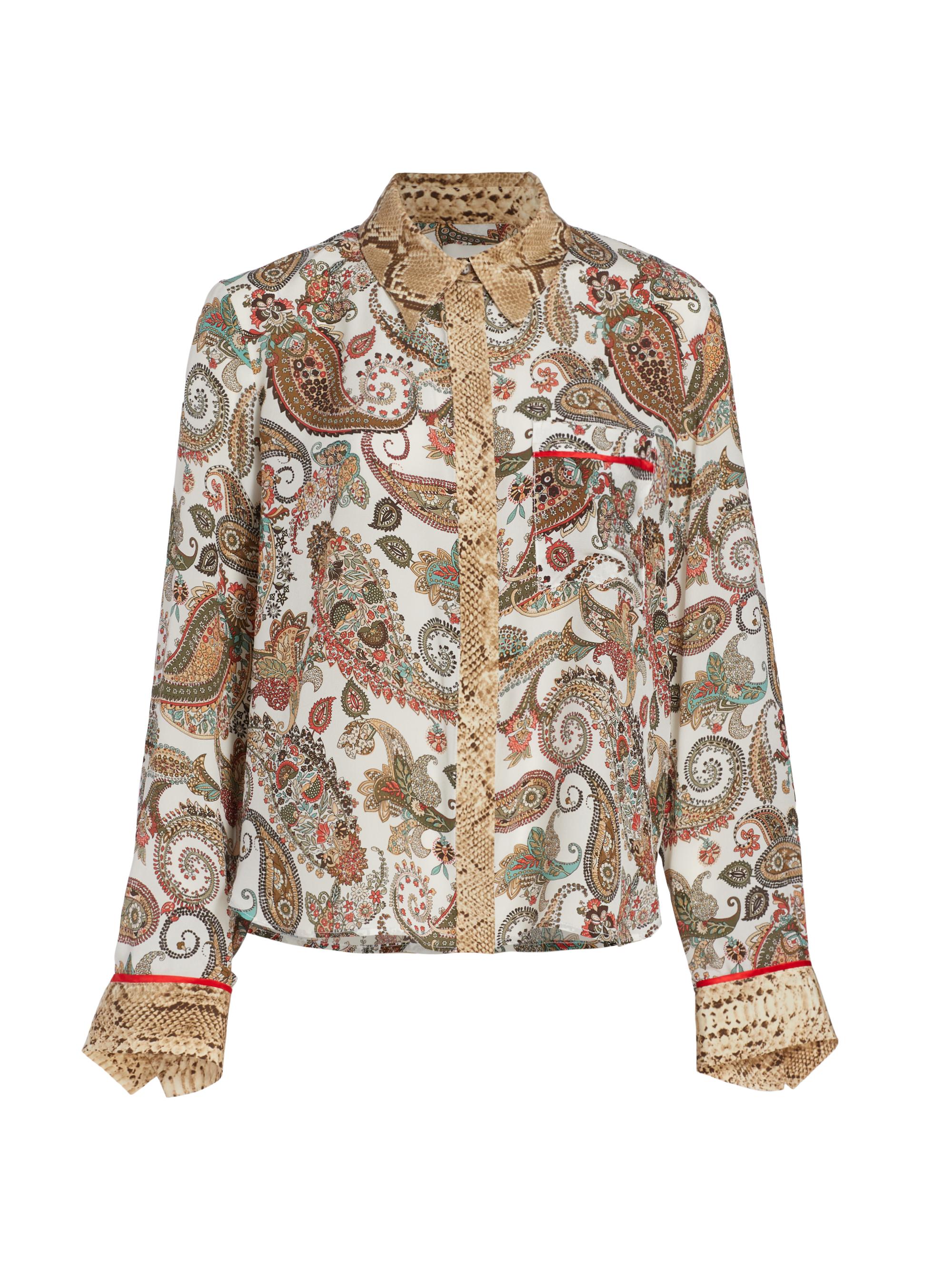 TWP Women's Boyfriend Bi-Print Silk PJ Shirt - White Paisley Python Tomato