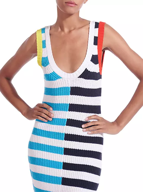 Shop Staud Seashore Striped Knit Midi-Dress