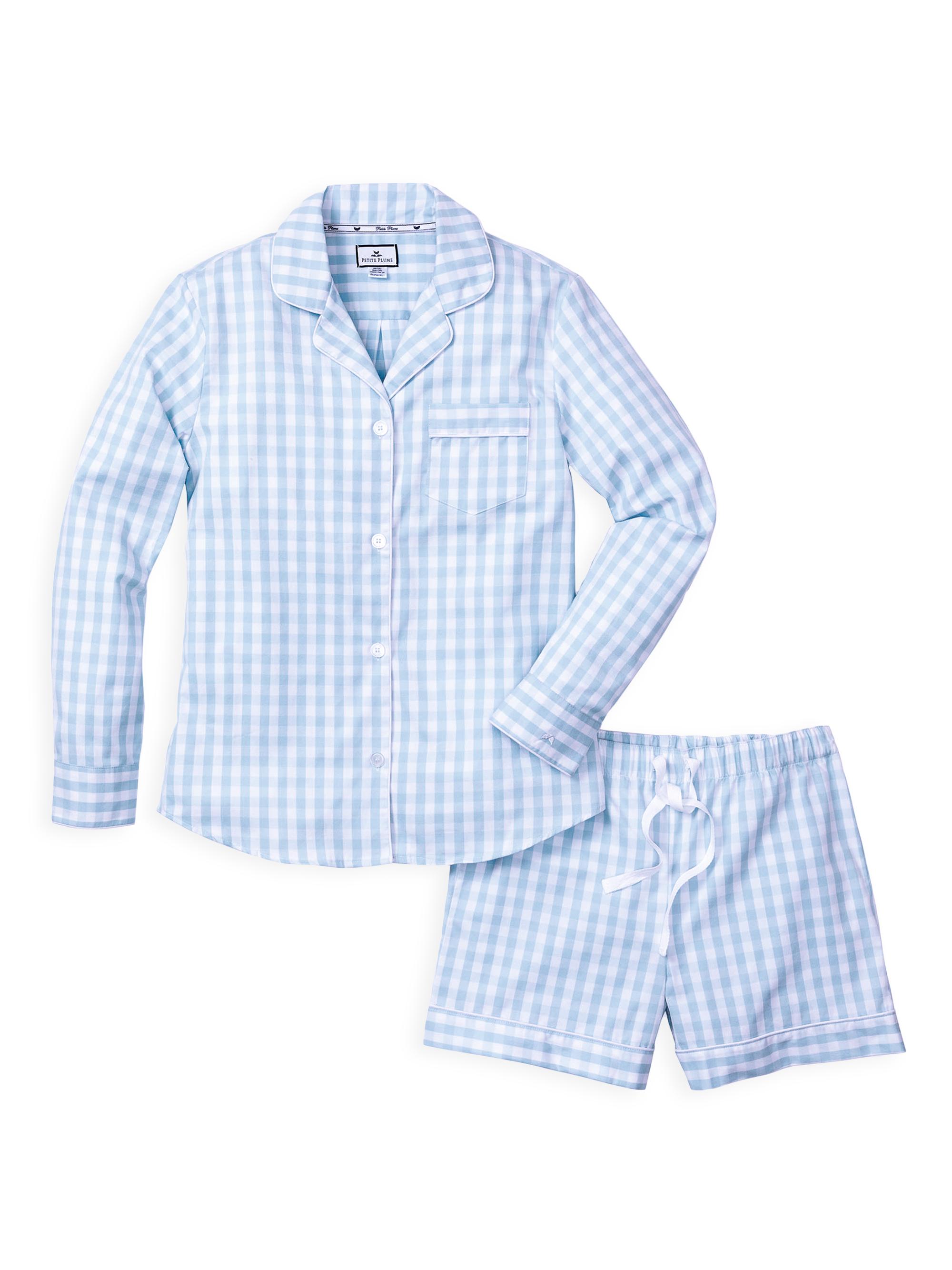 Petite Plume 2-Piece Gingham Long-Sleeve Shirt & Shorts Set - Blue