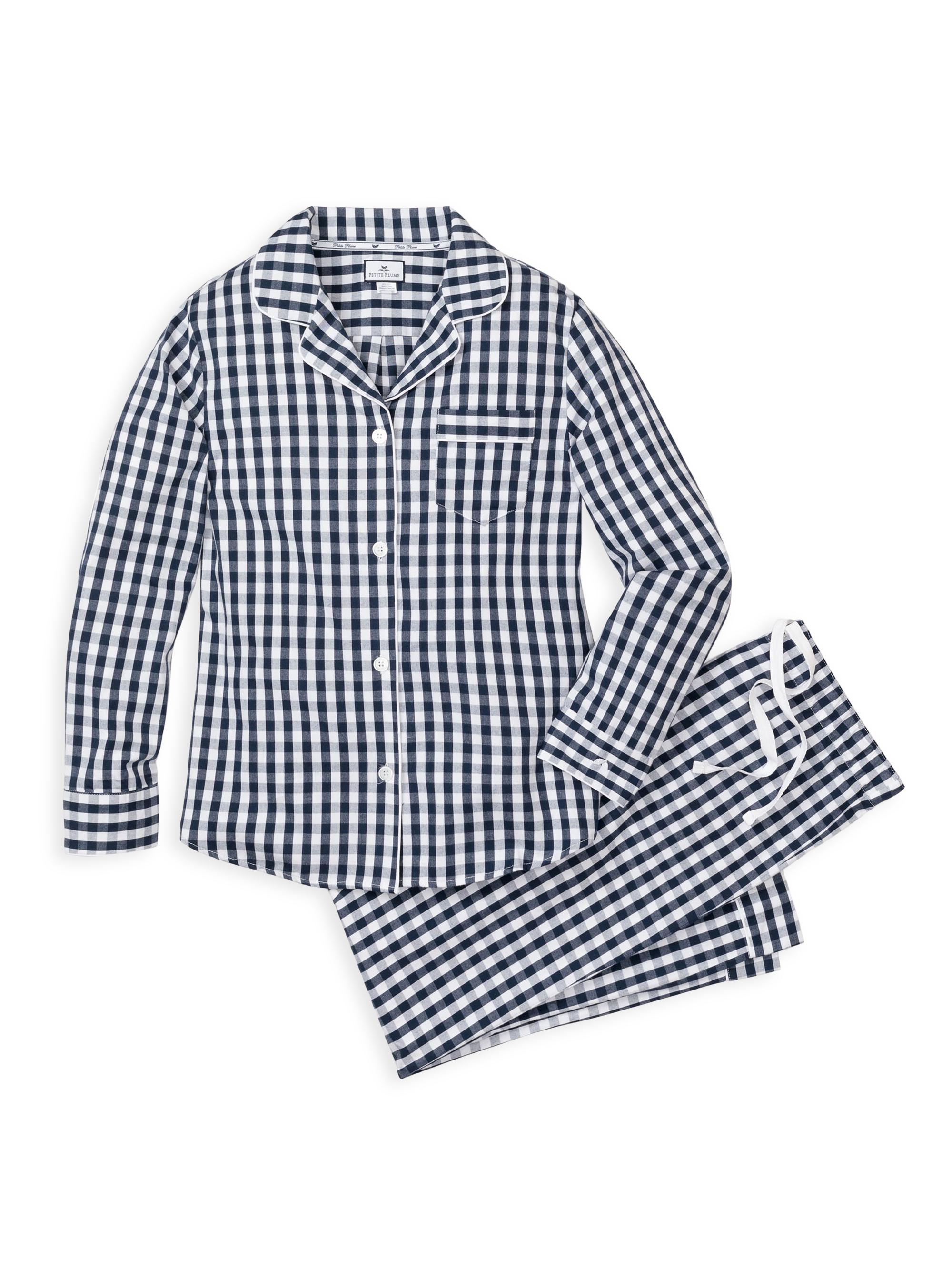 Petite Plume 2-Piece Gingham Twill Top & Bottom Pajama Set - Navy