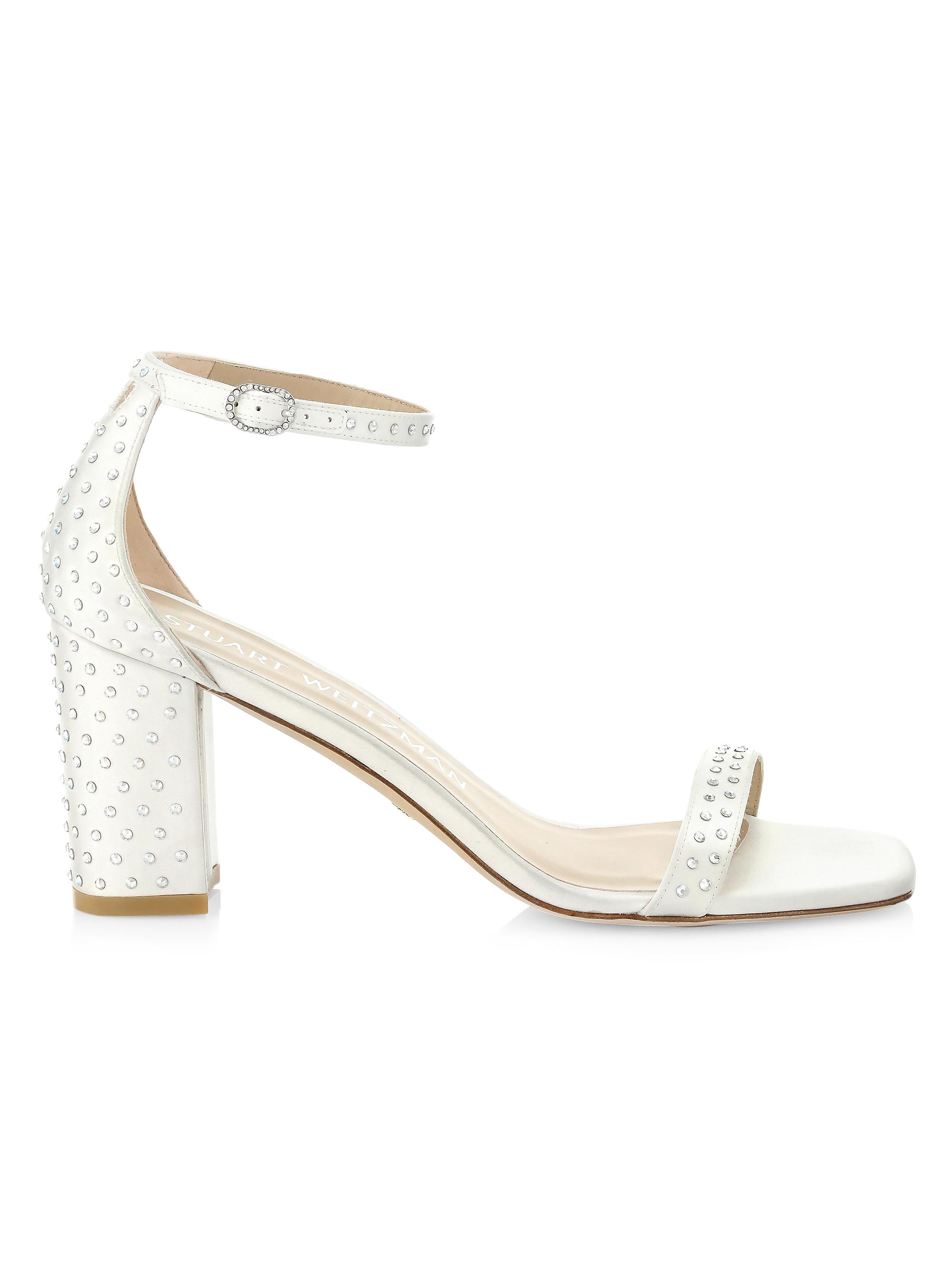 Stuart Weitzman Women's Nearlynude Satin Studded Sandals - White Moonlight