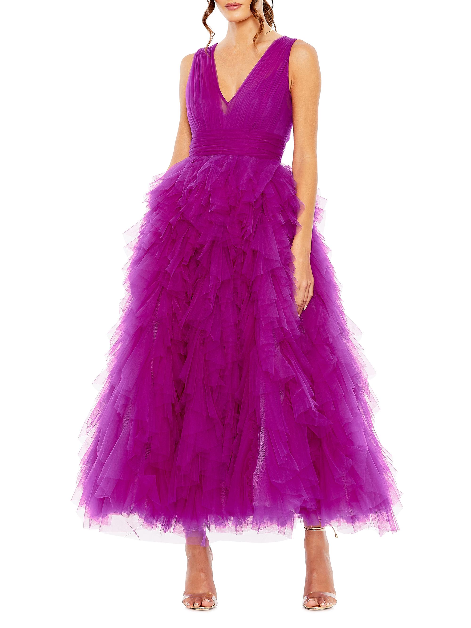 Mac Duggal Women's V-Neck Ruffle Tulle Cocktail Dress - Fuchsia