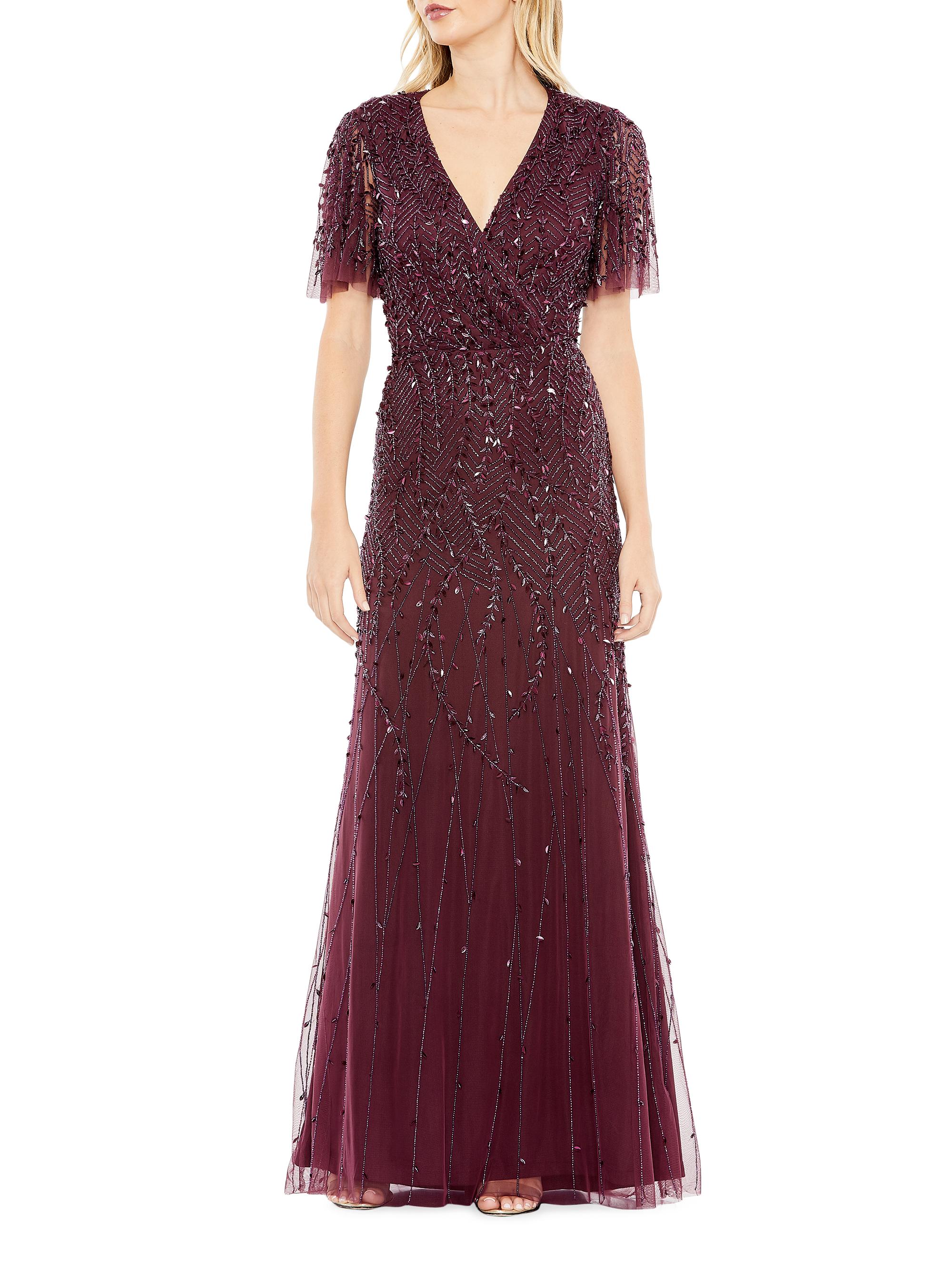 Mac Duggal Women's Embellished Tulle Wrap-Effect Column Gown - Aubergine