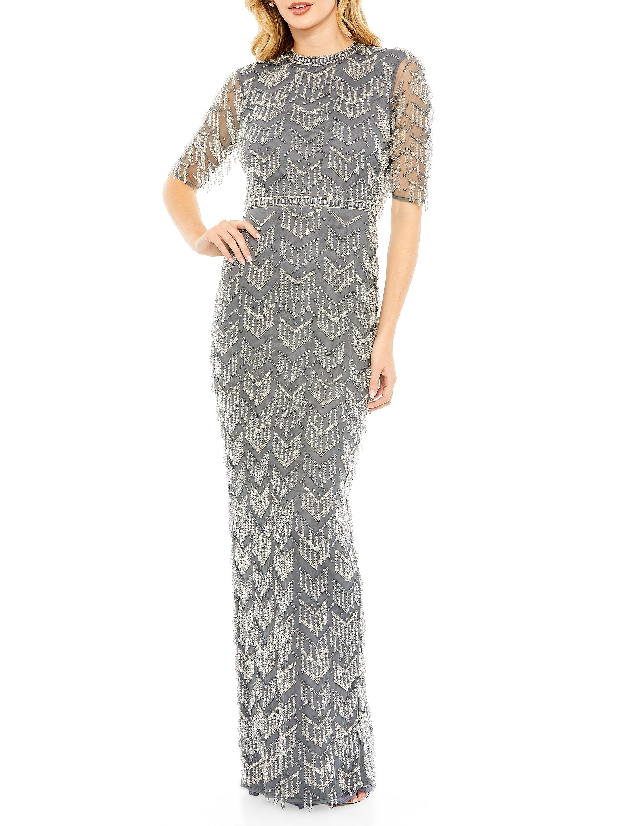 Mac Duggal Women's Beaded Fringe Column Gown - Charcoal