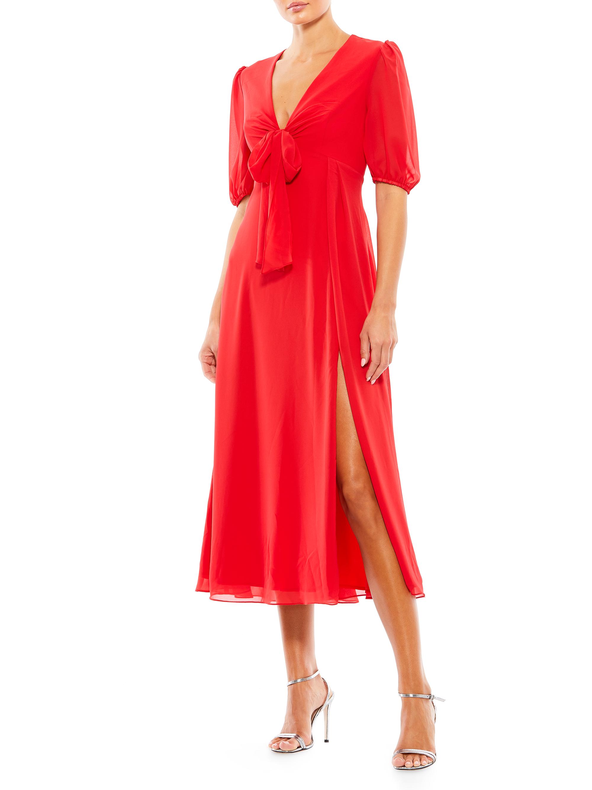 Mac Duggal Women's V-Neck Bow Split-Hem Knee-Length A-Line Midi-Dress - Chili