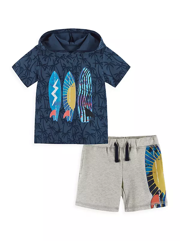 Little Boy's Palms Surfboard Hooded T-Shirt & Shorts Set