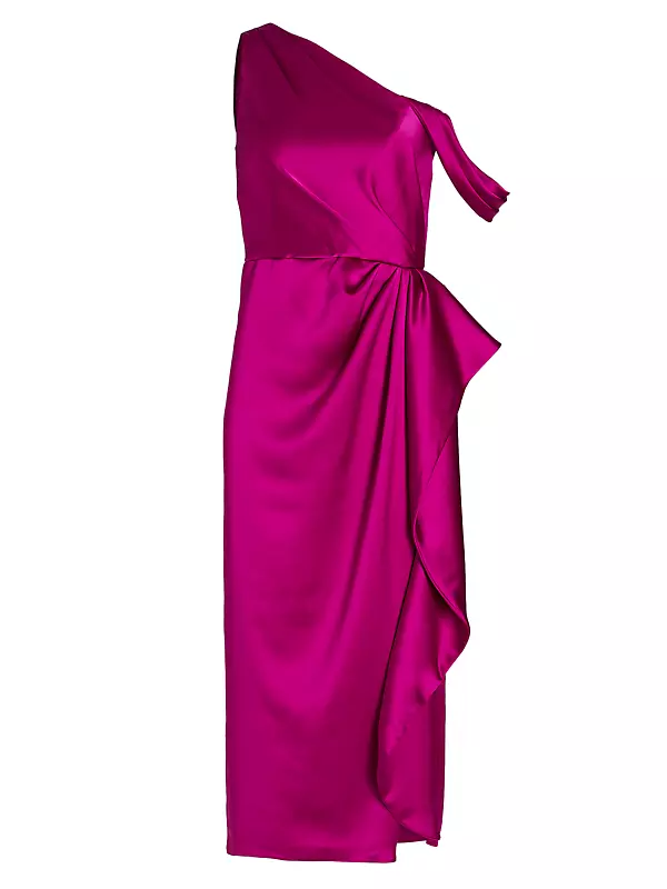 Shop Amsale Draped Satin One-Shoulder Midi-Dress