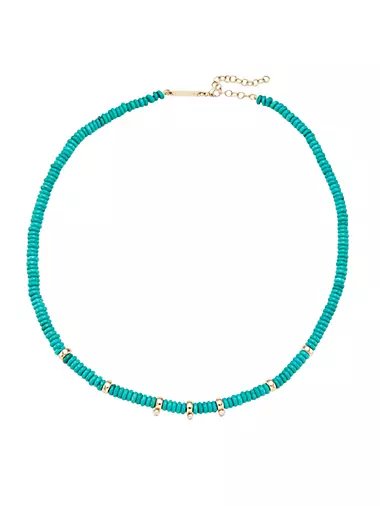 14K Yellow Gold, Turquoise, & Diamond Beaded Necklace
