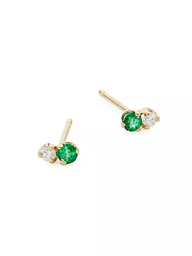 14K Yellow Gold, Emeralds & White Diamonds Stud Earrings