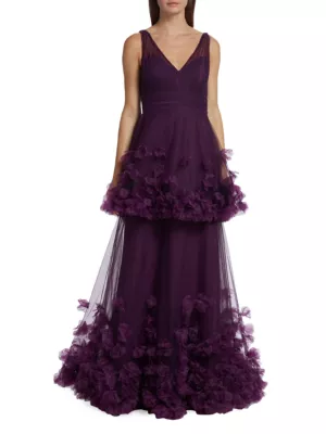 Shop Marchesa Notte Tiered Floral-Appliqué Gown | Saks Fifth Avenue