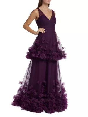 Shop Marchesa Notte Tiered Floral-Appliqué Gown | Saks Fifth Avenue