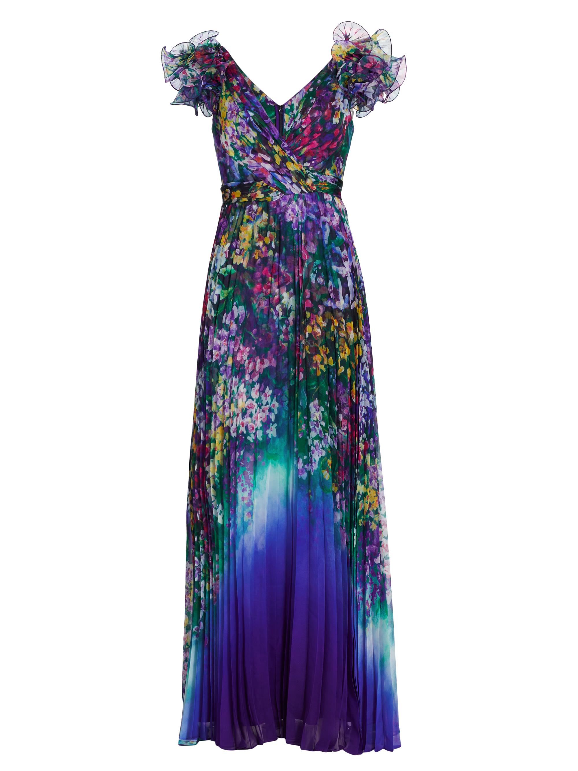 Marchesa Notte Women's Floral Ruffle-Sleeve Pleated Gown - Cobalt