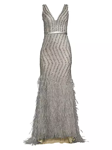 Feather Embellished Plunge V-Neck Gown