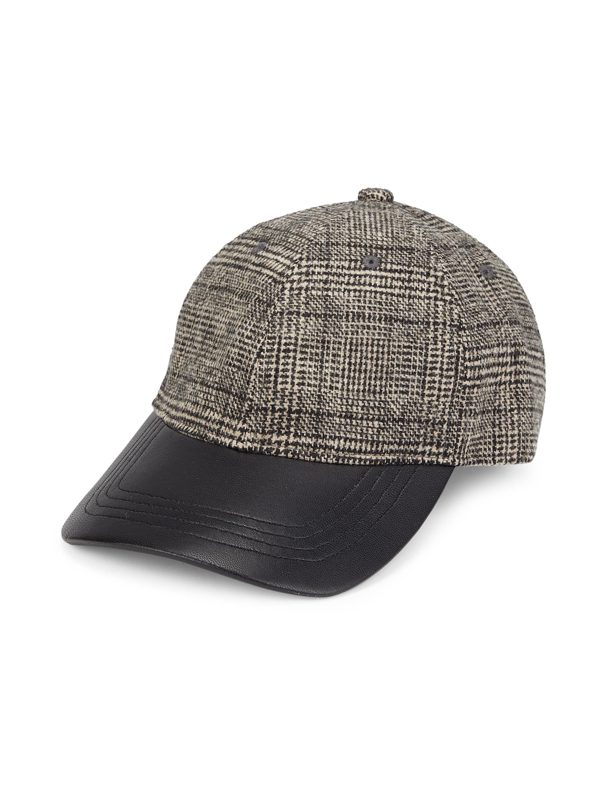 Saks Fifth Avenue Leather and Cotton Plaid Hat Sax Fifth Avenue Plaid Wool Hat with Leather Brim, Strap  main image 3