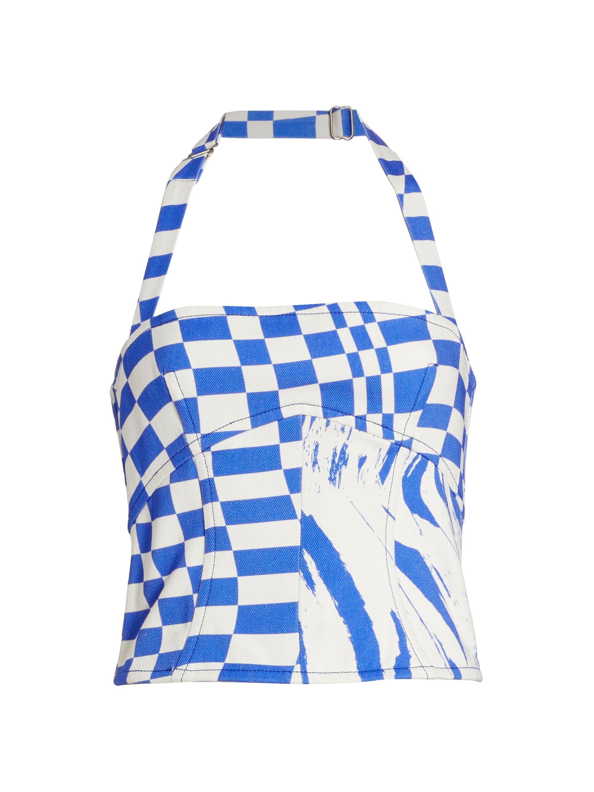 Christopher John Rogers Women's Wave & Check Denim Halterneck Top - Cunningham Multi