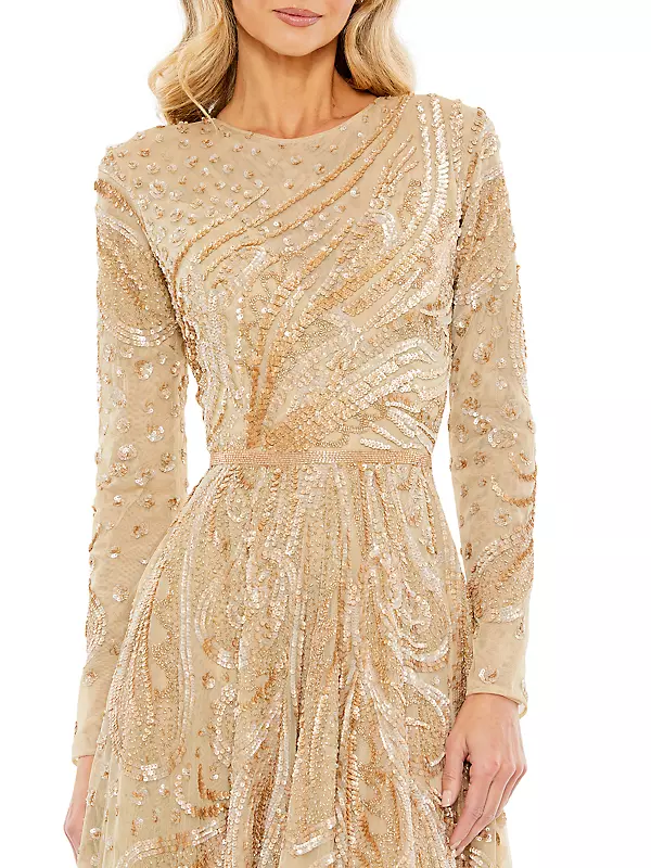 Embellished Illusion Long-Sleeve Dress