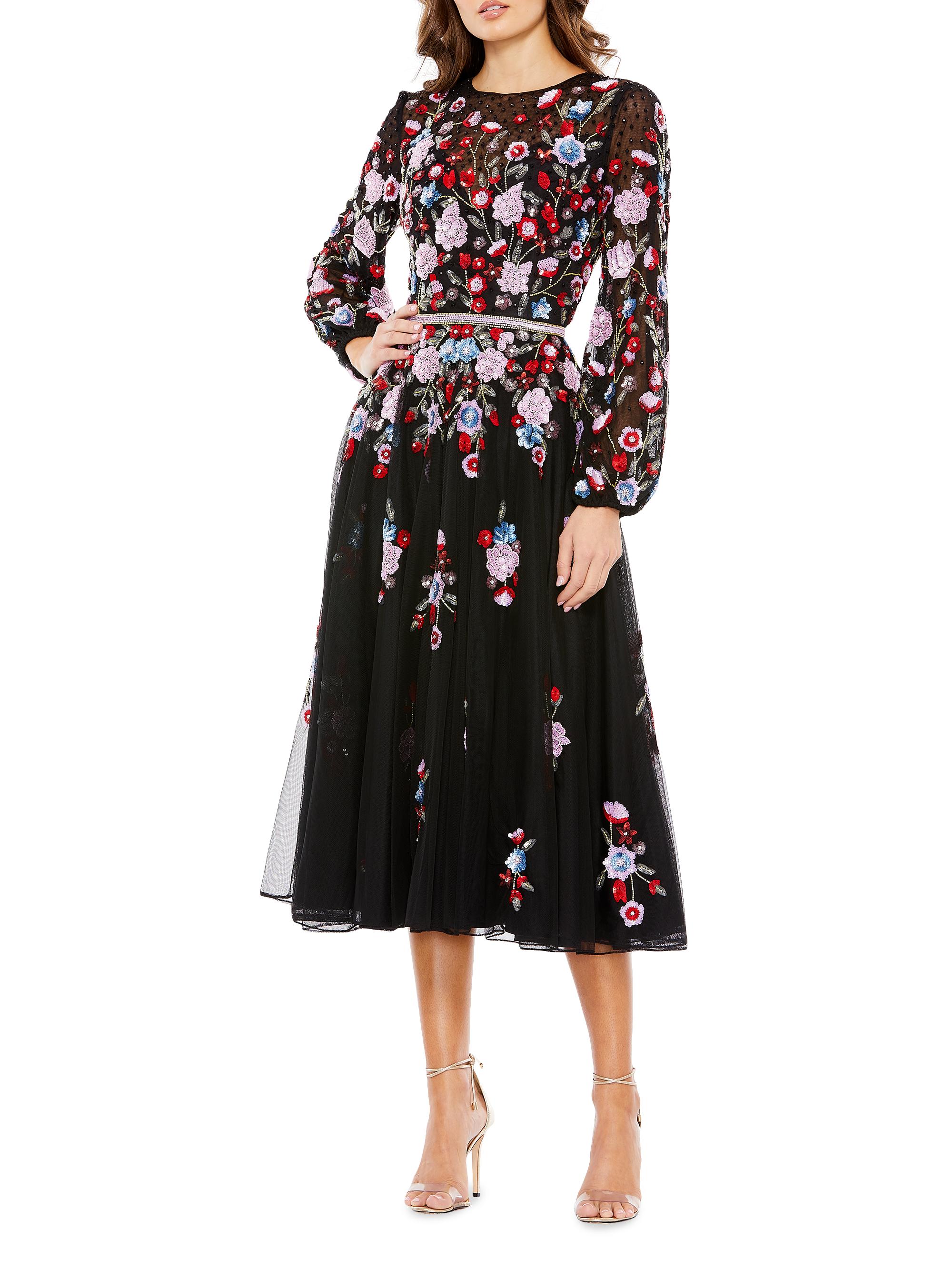 Mac Duggal Women's Sequined Floral Billowy-Sleeve Midi Dress - Black Multi