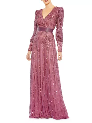 Shop Mac Duggal Sequin Wrap-Over Bishop-Sleeve Gown | Saks Fifth Avenue