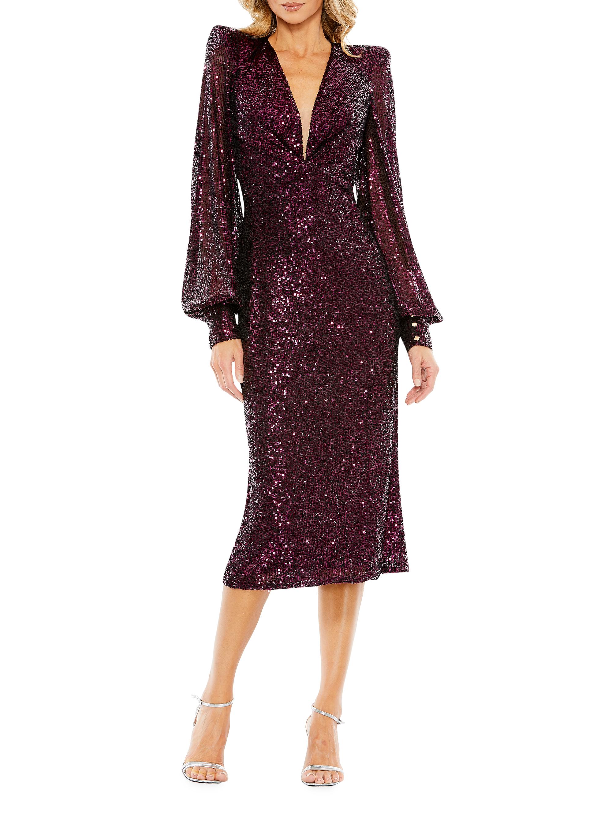 Mac Duggal Women's Sequin Structured Bishop-Sleeve Midi Dress - Magenta